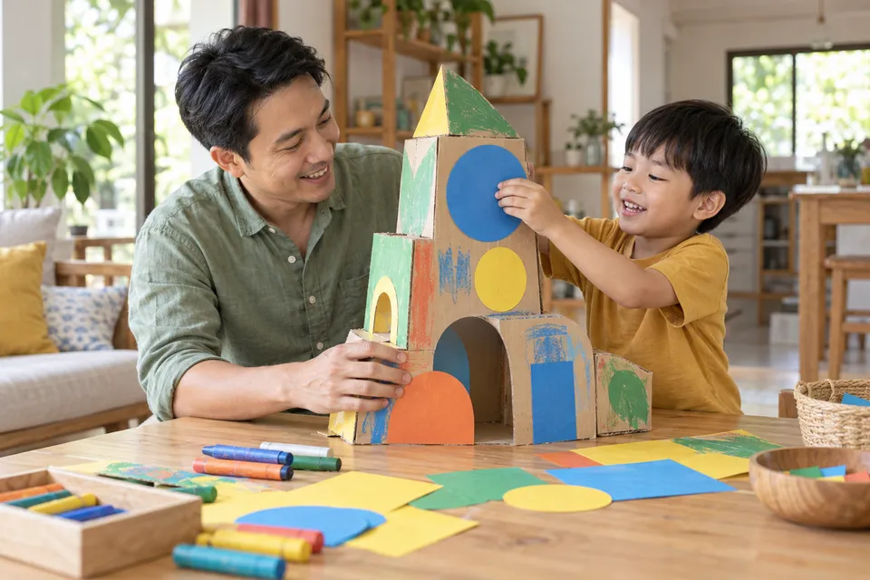 Illustrative scene of a father and preschool child building a colourful cardboard creation