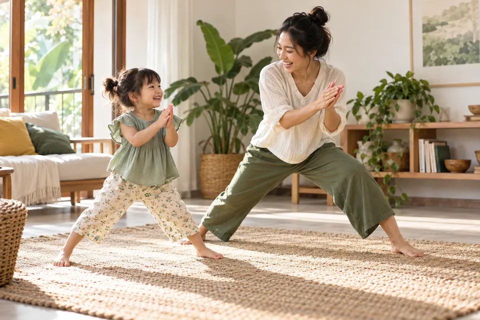 AI illustration of a mother and preschool child playing a gentle clapping and movement game at home