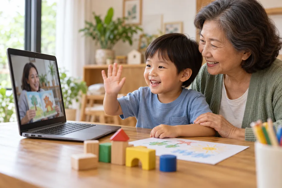 Illustrative scene of a child and grandmother greeting a storyteller on a laptop at home