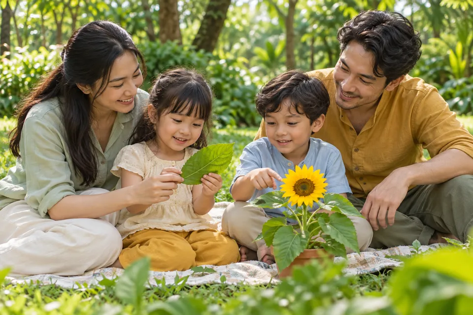 Illustrative concept of two children exploring a leaf and sunflower with their parents outdoors