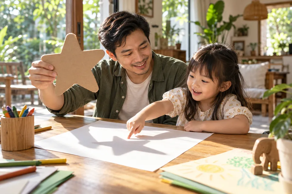 AI illustration of a father and preschool child exploring the shadow of a cardboard star